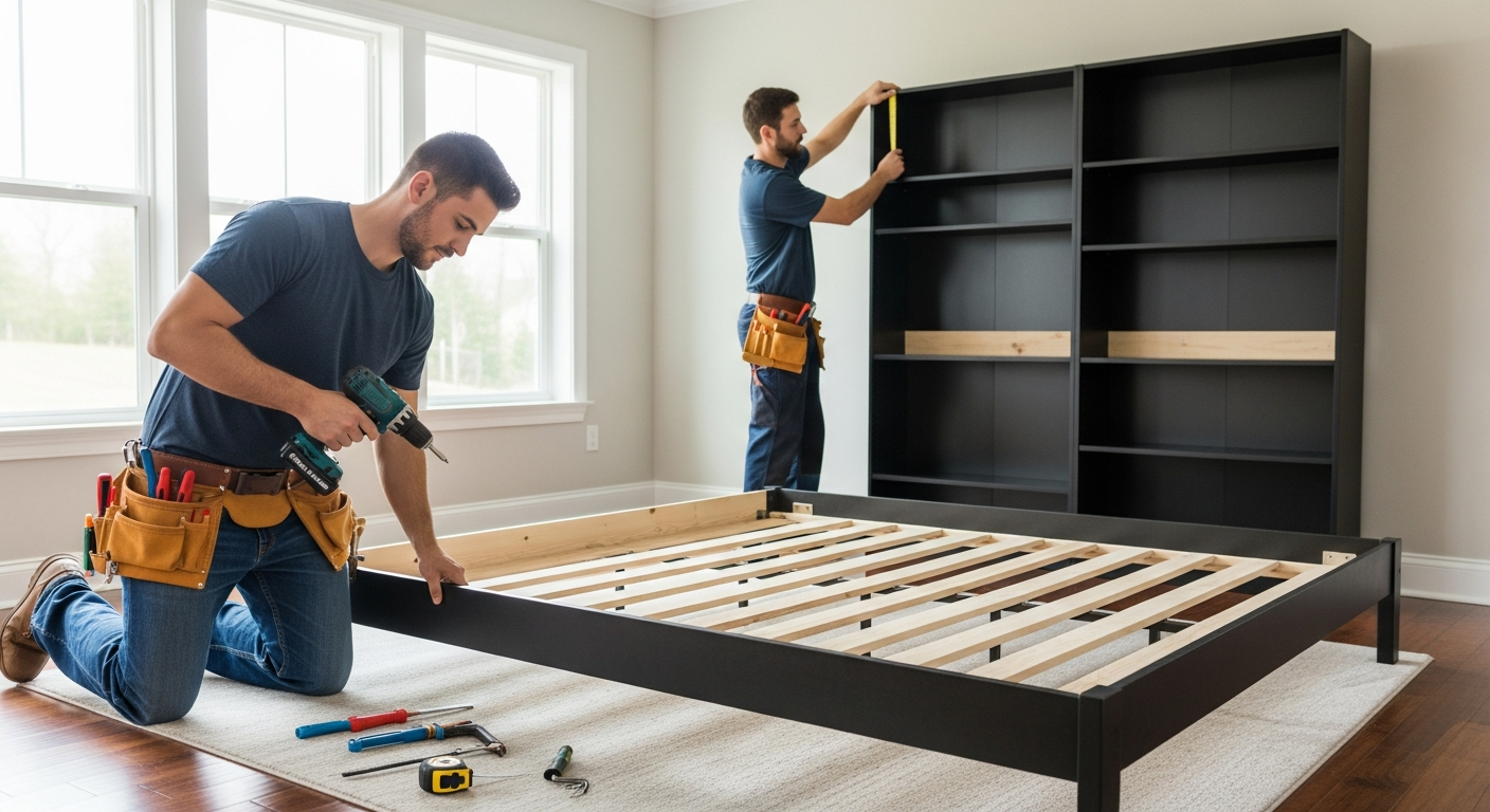 Professional furniture assembly team in Worcester, MA, carefully putting together a large bed frame and bookshelf in a modern residential bedroom