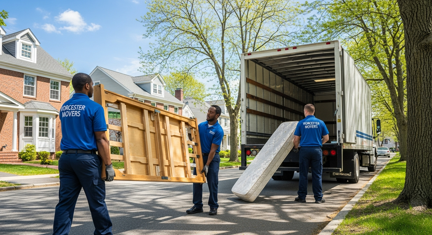 Professional local movers in Worcester, MA, with a clean moving truck in a residential neighborhood