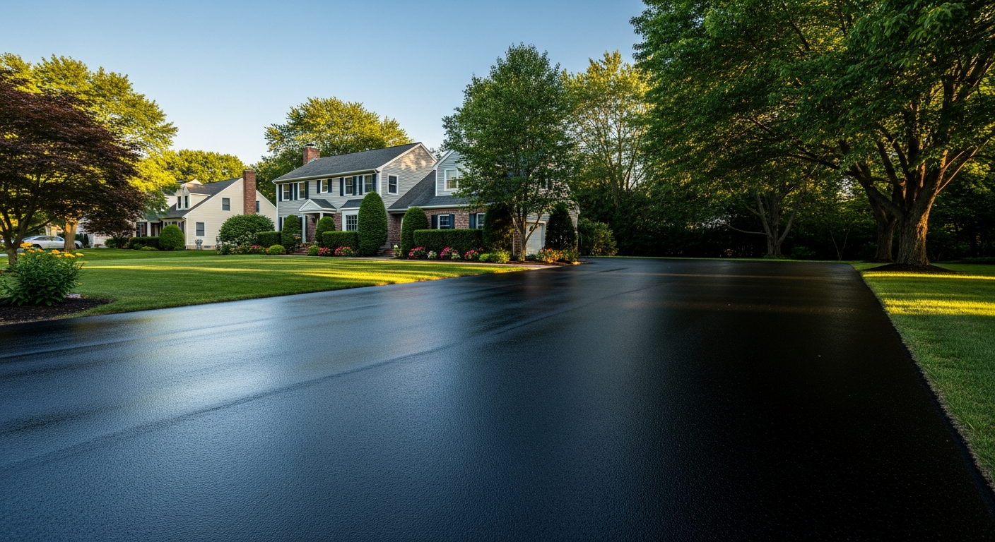 A freshly seal-coated, dark black asphalt driveway at a residential home in Worcester, MA, looking brand new and well-protected