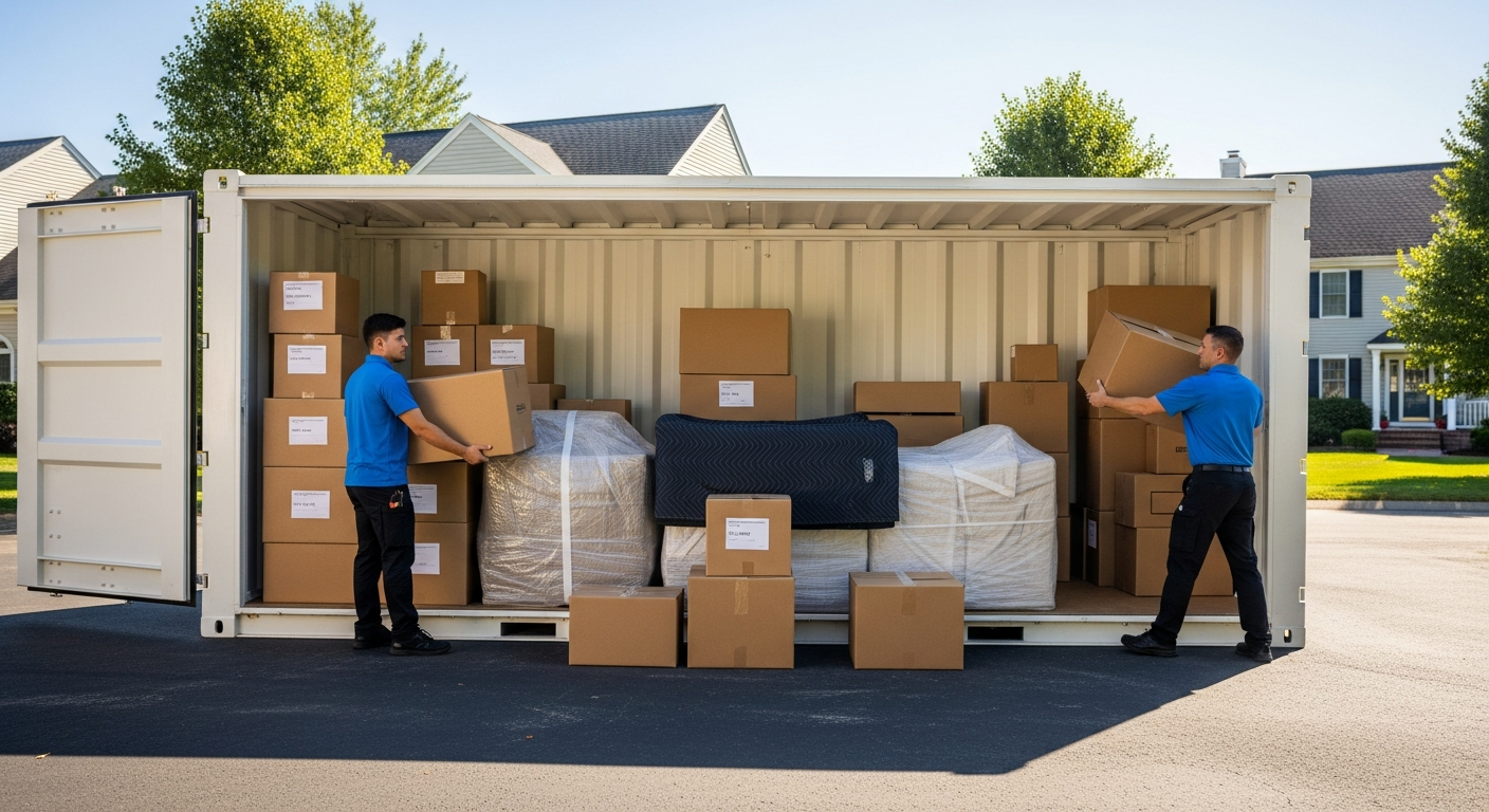 Professional movers in Worcester County loading a portable storage container with boxes and furniture