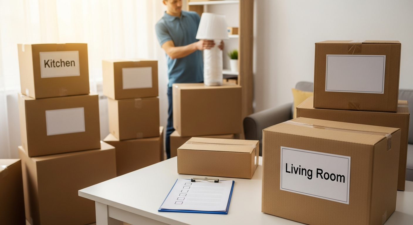 A well-organized home with labeled boxes and a checklist being prepared for a move in Worcester County