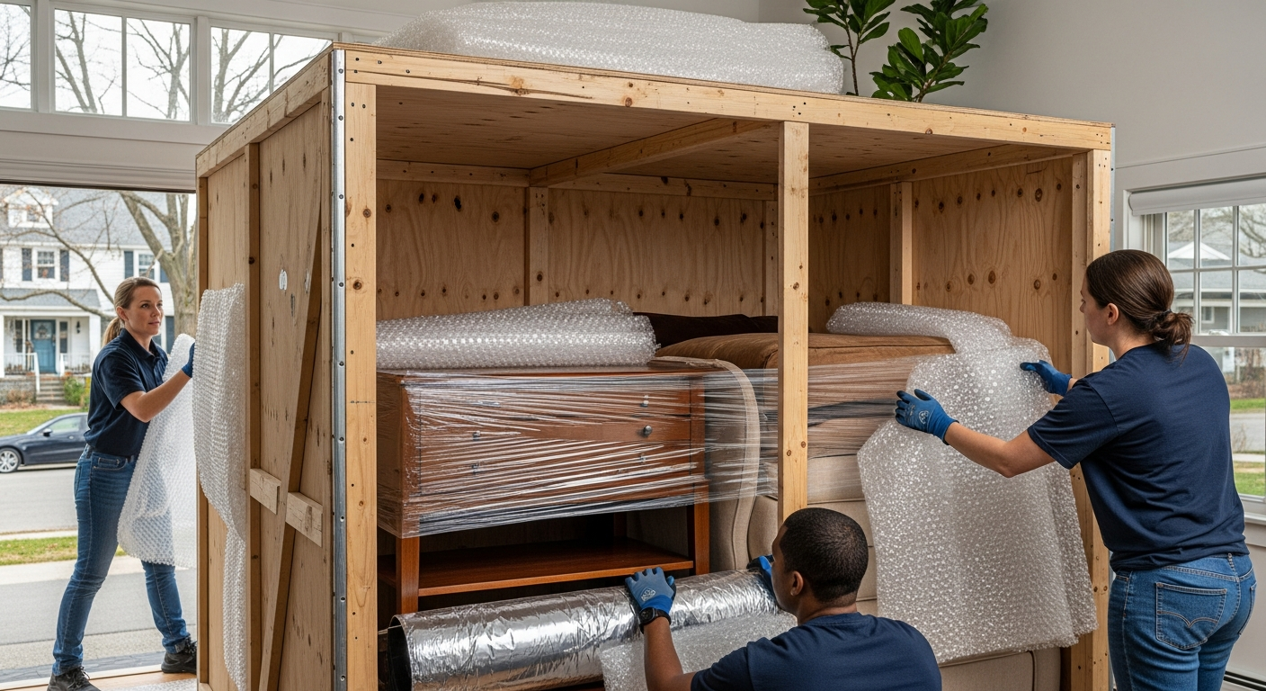 Professional movers in Worcester, MA preparing a large wooden shipping crate for an international move