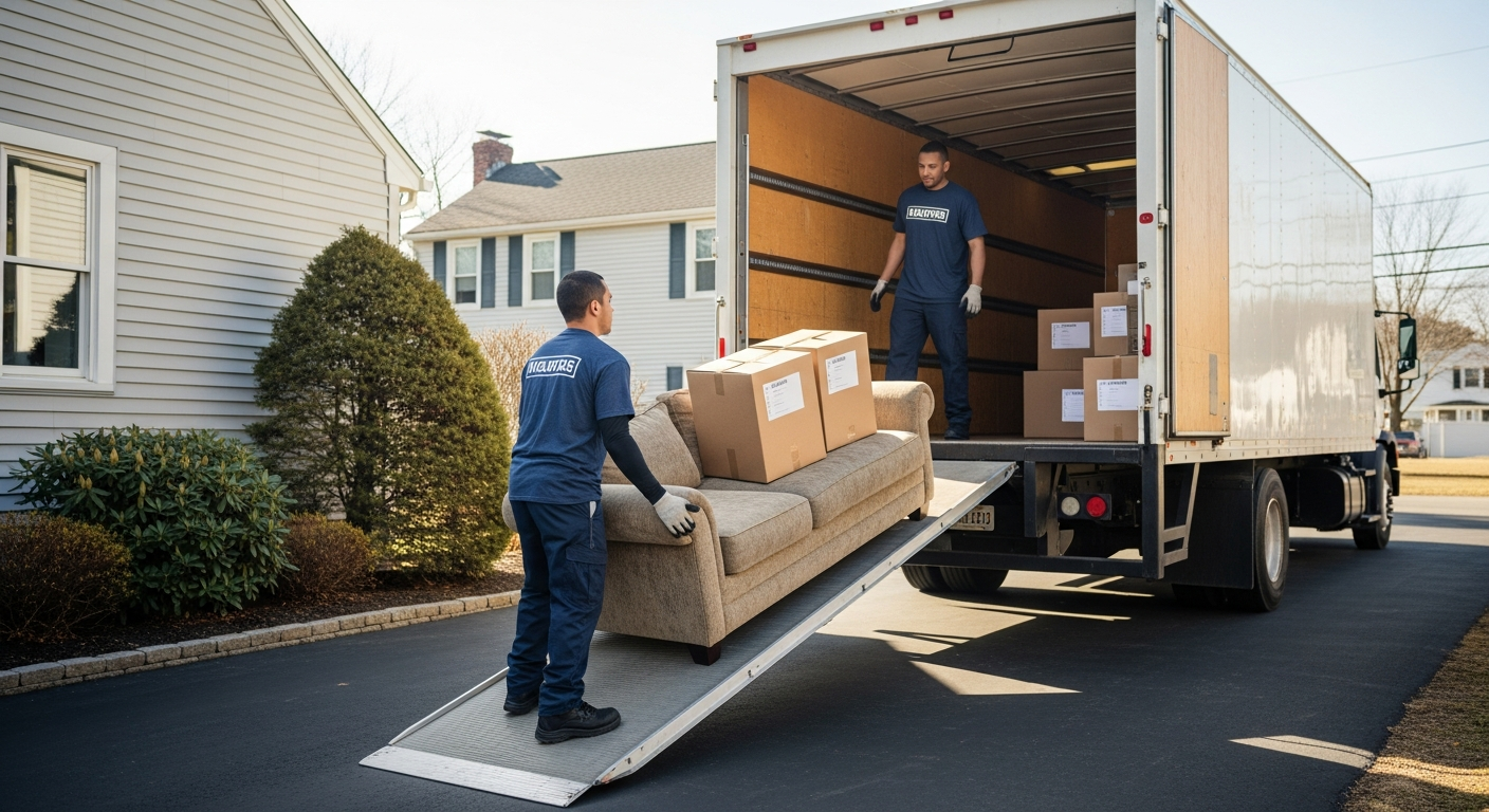 Professional junk removal crew loading an old sofa and boxes into a clean truck in a Worcester, MA driveway
