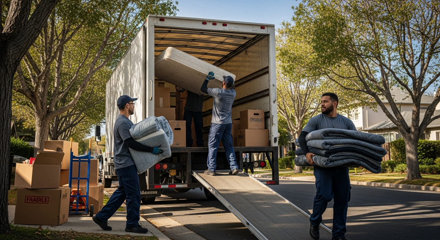 Professional JTR movers loading furniture into a customer's rental moving truck in Worcester County