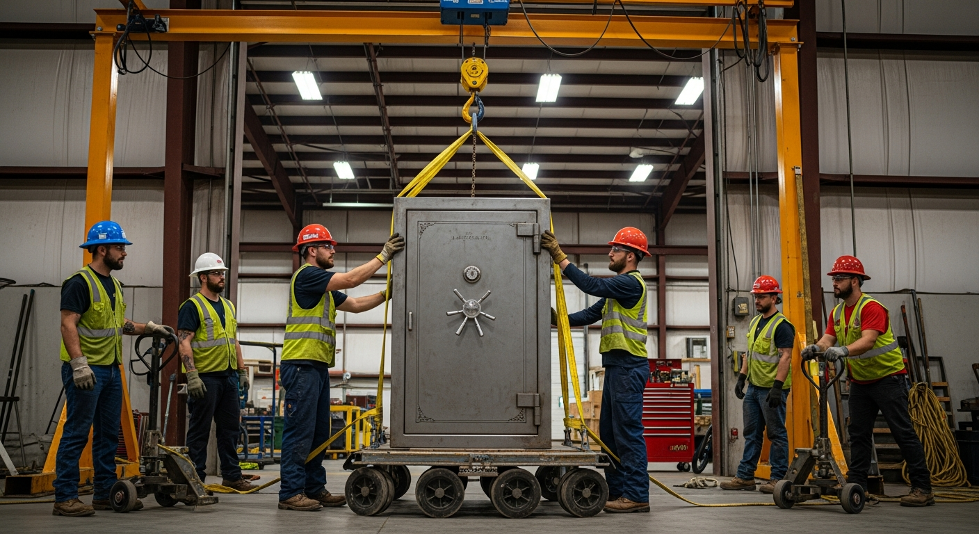 Professional rigging crew using specialized equipment to move a heavy safe through an industrial doorway in Worcester