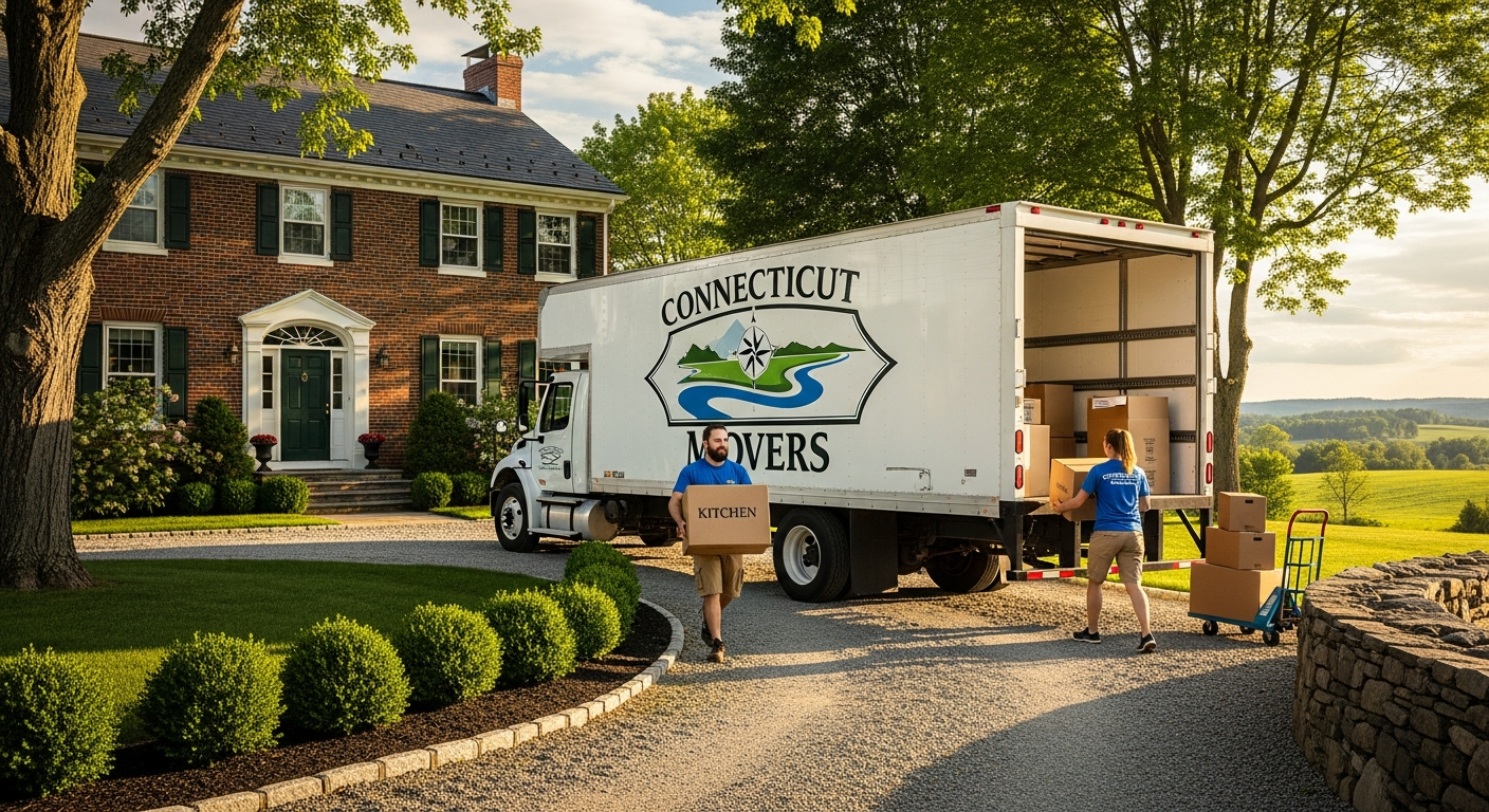 A JTR Mover Services truck parked in a scenic Windham County, CT driveway during a residential move