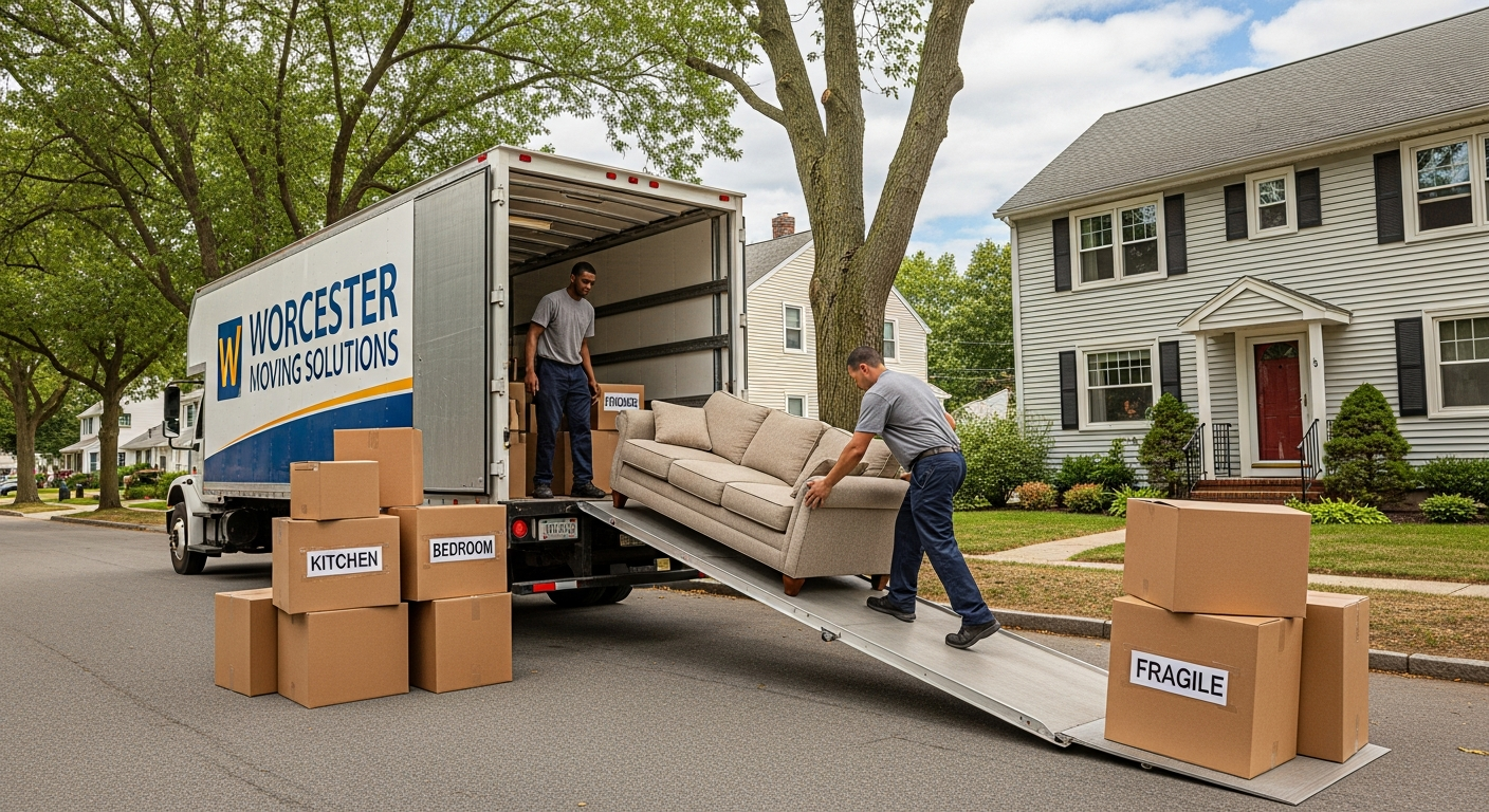 Professional movers unloading furniture at the first stop of a multi-destination move in Worcester County