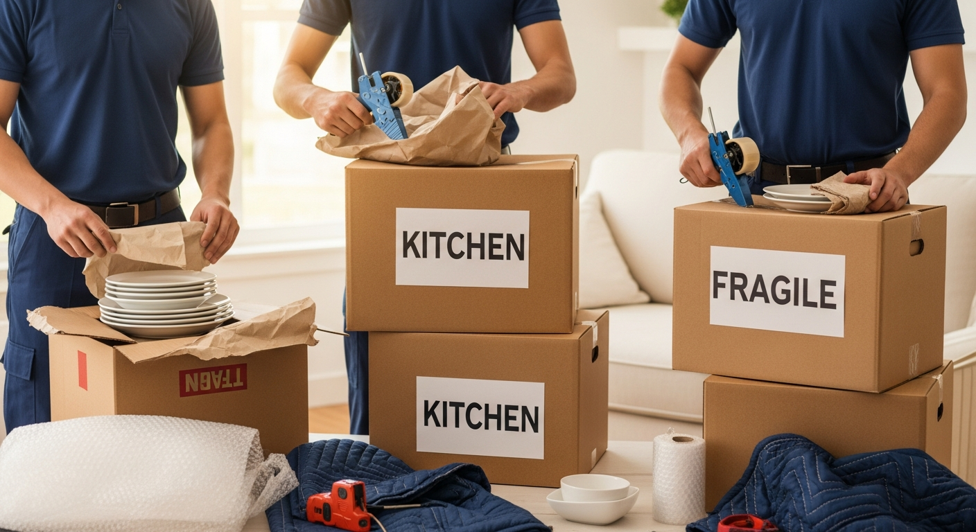 Professional movers wrapping dishes and packing labeled boxes in a Worcester County, MA home before a move