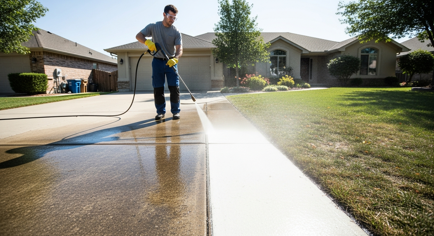 Professional technician power washing a concrete driveway in Worcester County, MA, revealing clean concrete