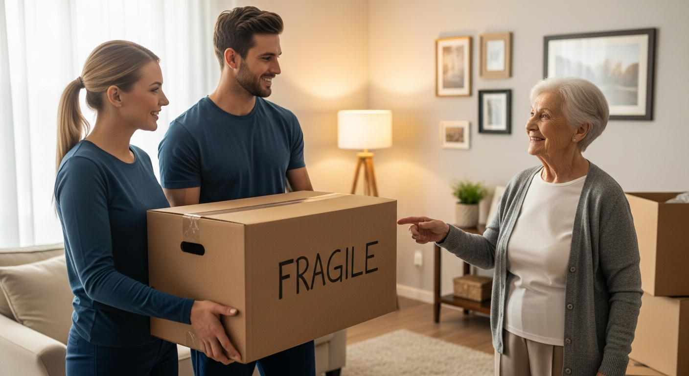 Two compassionate professional movers helping an elderly client in Worcester County with a box in their new living room