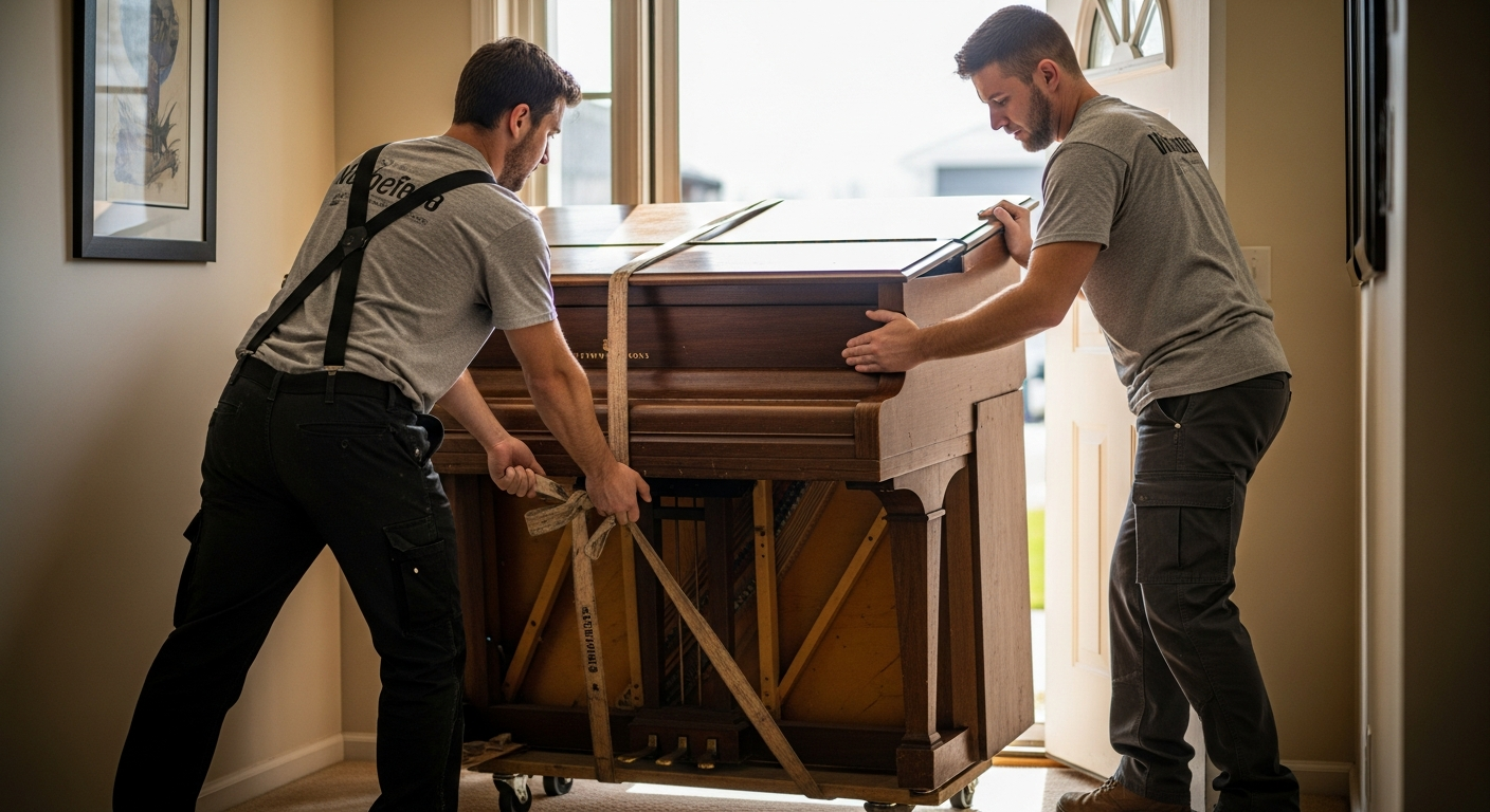 Two professional JTR movers using specialized equipment to move an upright piano through a doorway in Worcester County