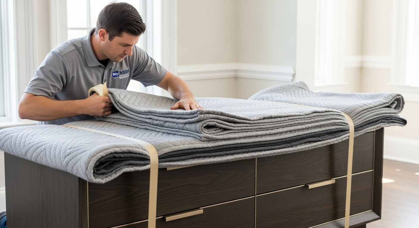 Professional mover wrapping a bed frame and headboard with protective blankets in a Worcester County home