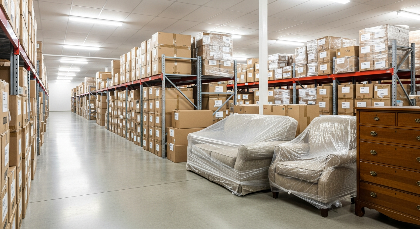 Clean and organized indoor storage facility with wrapped furniture and labeled boxes in Worcester County